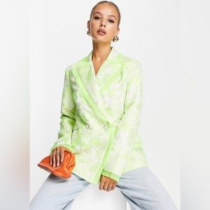 NWT ASOS DESIGN nipped waist jacquard blazer with ruffle detail in lime size 10